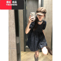 YIBUSHENG日系藏青格纹花苞连衣裙女日多巴胺法式系带显白公主短裙娃娃裙