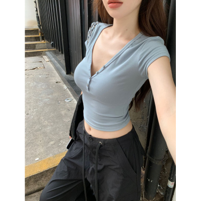纯欲风气质半开领短袖T恤女装2025夏季减龄收腰短款内搭学生上衣