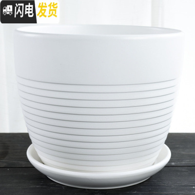 三维工匠大号特大号花盆陶瓷带托盘绿萝吊兰绿植简约家用多肉花盆 S1亚光白-TX-2单个特大 20-22c花盆容器