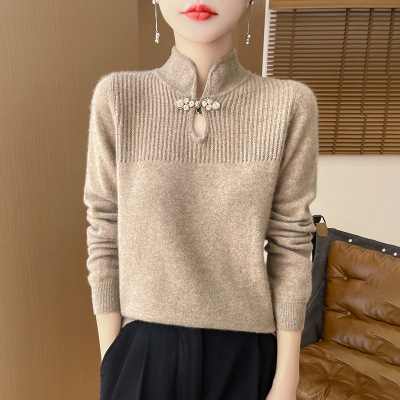 新中式国风盘扣立领打底衫女镂空长袖内搭毛衣纯色显瘦针织打底衫