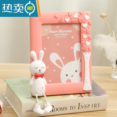 敬平7寸创意可爱相框摆台照片摆件儿童房桌面相架卡通老鼠家居装饰品 害羞兔 竖 深粉 7寸+洗相片