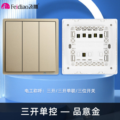 飞雕(FEIDIAO)开关插座 86型家用暗装超大面板 品意系列电源墙壁开关面板 品意金三开单控
