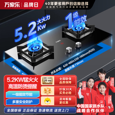 万家乐(Macro)燃气双灶Y3R1 天然气 5.2kW猛火灶聚能锅支架 快速点火铜火盖台嵌两用一级能效 可调节底壳