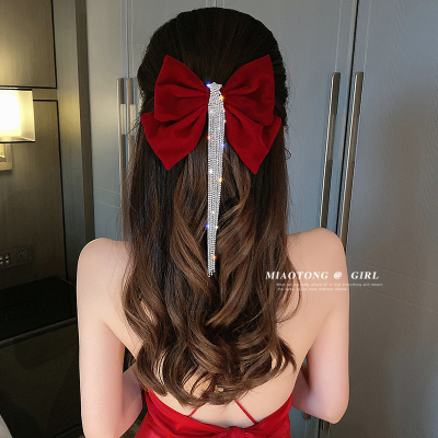 优雅丝绒蝴蝶结头饰发夹女秋冬韩国顶夹流苏闪钻弹簧夹发卡发饰潮送女朋友老婆情人节七夕生日礼物