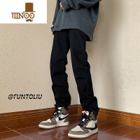 YANXU美式牛仔裤男士修身直筒长裤高街复古裤子黑色男生微喇宽松