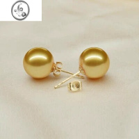 JiMi海水南洋金色珍珠粉耳钉耳环耳饰925银耳针强光正圆简约饰品