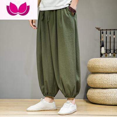 七斓冰丝裤子男宽松阔腿九分裤潮牌直筒大码休闲长裤束脚灯笼裤