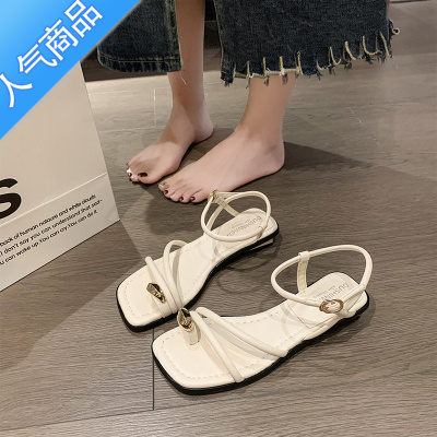 SUNTEK仙女风粗跟套趾凉鞋女2023夏季新款时尚百搭法式一字带低跟罗马鞋