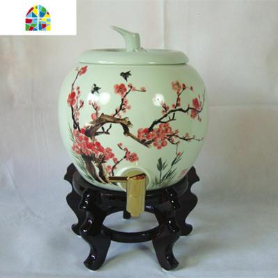 5升手画陶瓷冷水壶带龙头装开水 汗蒸室凉瓶大容量家用可高温泡茶 FENGHOU 红梅花(铜水龙头)凉水壶