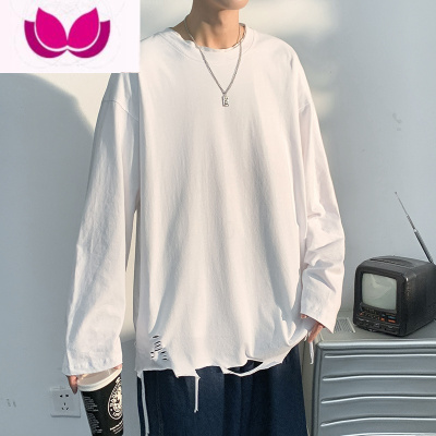 七斓ins潮牌破洞长袖t恤男士宽松内搭卫衣oversize慵懒风上衣