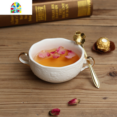欧式金蝴蝶浮花朵双耳碗粉红甜品糖水碗麦片牛奶汤盅早餐燕窝碗 FENGHOU 金边双耳碗+金色樱花勺