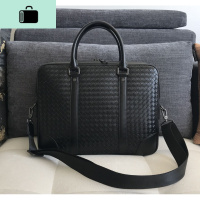 编织横款手提包男士商务皮电脑包公文包大容量斜跨手工包NEW LAKE 黑色公文包