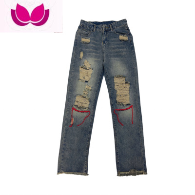 七斓春季美式高街破洞牛仔裤直筒复古潮牌宽松乞丐裤子男女