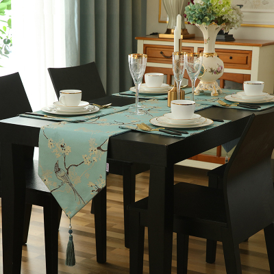 家柏饰(CORATED)欧式桌旗餐垫套装餐桌垫隔热垫西餐盘垫布餐边柜装饰布新中式 鸟语花香-蓝 桌旗32*220cm