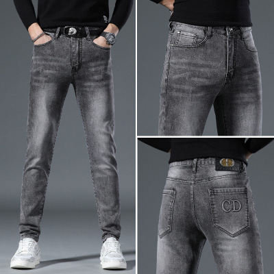 高端印花牛仔裤男秋冬季新款欧版潮流直筒修身小脚休闲长裤子