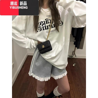 YIBUSHENG蕾丝花边条纹拼接休闲短裤子女季薄款芭蕾风瑜伽外穿运动三分裤