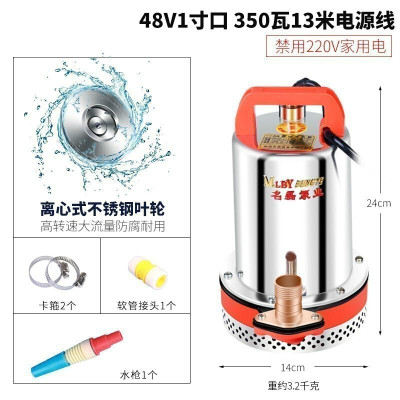 汐岩直流潜水泵水泵家用抽水12v24v480v小型电瓶车抽水泵农用 48V1寸口350W13米线送5米管(10年换新