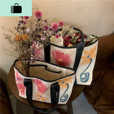 大容量包包女2020新款潮涂鸦帆布包花朵手提托特包旅行度假单肩包NEW LAKE女士单肩包