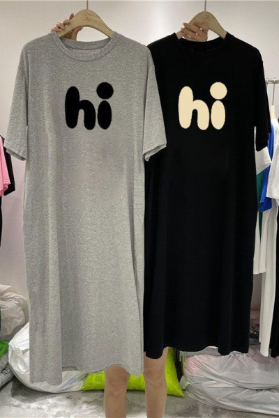 夏季新款韩国开叉字母印花裙子过膝长款宽松大码短袖T恤连衣裙女_1