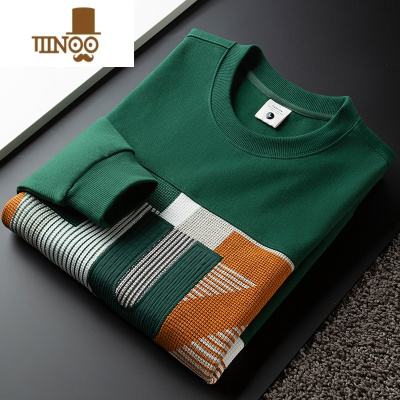 YANXU轻奢薄款圆领卫衣男长袖修身墨绿色休闲套头t恤男外穿上衣