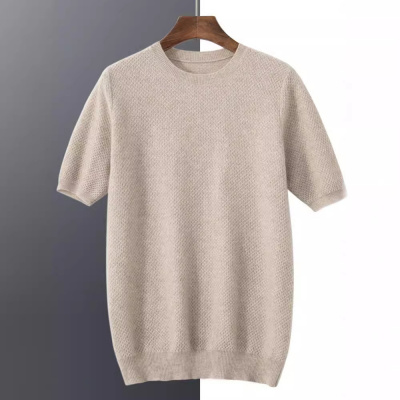 春夏新款男士山羊绒圆领短袖提花蜂窝休闲百搭商务纯色针织T恤男