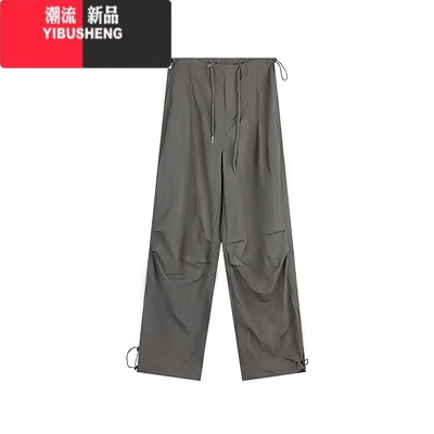 YIBUSHENG美式复古垂感工装裤女季黑色高腰直筒裤阔腿裤休闲裤拖地长裤子