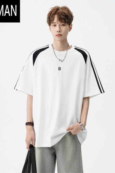 HLCOMAN美式条纹撞色拼接短袖t恤男新款潮牌设计感百搭圆领半袖体恤