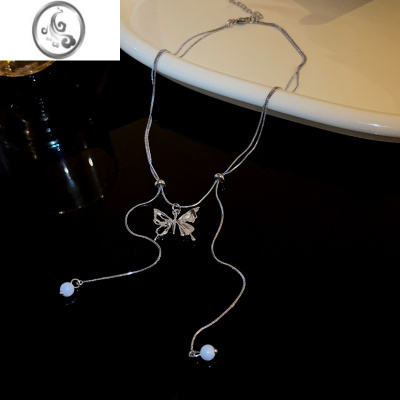 JiMi新中式可调节抽拉式抽绳蝴蝶项链轻奢小众珍珠流苏辣妹锁骨链女