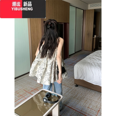 YIBUSHENG法式碎花吊带连衣裙女季度假风海边沙滩裙小个子气质宽松蓬蓬裙