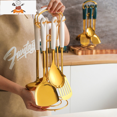 锅铲套装家用炒菜铲子304不锈钢厨房用品大全置物架可高温炒汤勺 敬平 锅铲套装[白金]