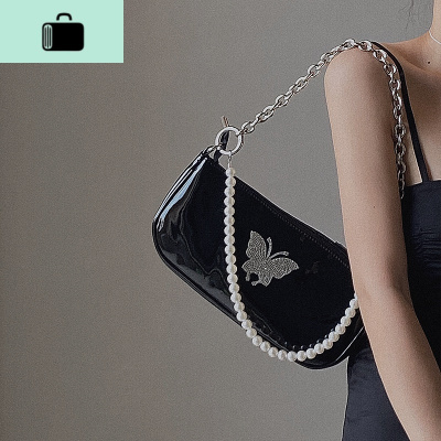 个性蝴蝶腋下包女2020新款珍珠链条单肩斜挎包手提中古包潮NEW LAKE 酷黑送长肩带可斜挎女士单肩包