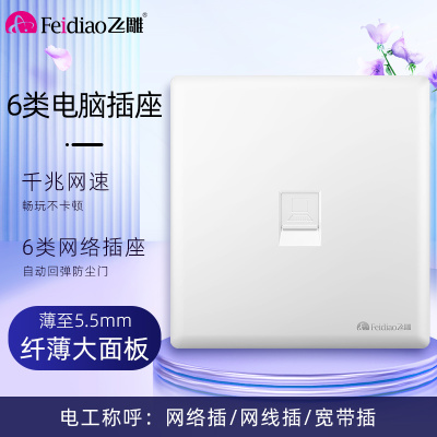 飞雕(FEIDIAO)超薄大板 开关插座格韵系列86型带开关插座面板墙壁电源插座 格韵优雅白(六类)电脑插