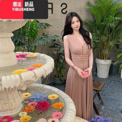 YIBUSHENGSTRIVE/尤美子 胖mm法式V领名媛A字裙女春纯欲露背挂脖仙女长裙