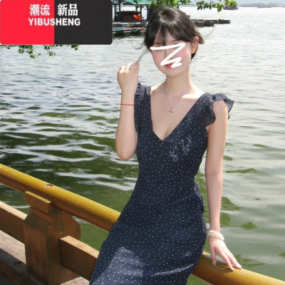 YIBUSHENG小飞袖波点吊带V领连衣裙子女季2024新款法式气质收腰显瘦长裙