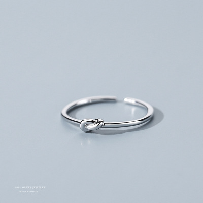 S925银打结戒指女素圈指环开口调节戒简约小众设计感单食指戒批发送女朋友老婆情人节七夕生日礼物