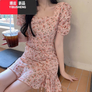 YIBUSHENG大码小个子甜美连衣裙新款女别致设计小清新粉色短裙显瘦碎花裙