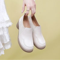 秋新款真皮小个子中跟单鞋女粗跟圆头针织弹力拼接深口女单鞋