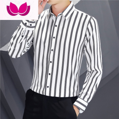 七斓高端男士休闲长袖衬衫韩版潮流修身条纹衬衣潮牌春装上衣薄