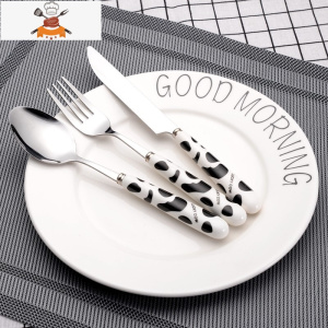 吃西餐的刀叉套装小孩粉色两件儿童叉子高檔套装专用切牛排可爱 敬平 黑牛[1刀1叉1勺]