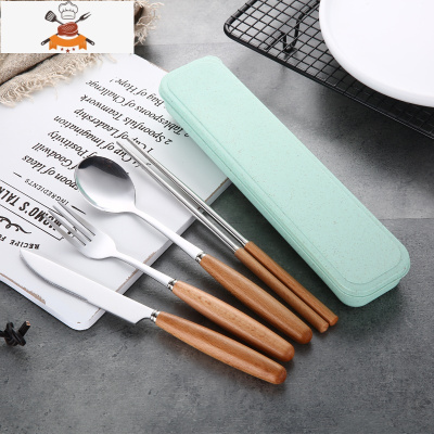 木柄餐具套装西餐牛排刀叉不锈钢筷子勺子四件套礼盒装礼品 敬平 大号欧绿盒[木柄筷刀叉勺]