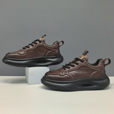 男生头层牛皮厚底百搭休闲鞋欧洲站男鞋真皮透气轻奢高端增高男鞋