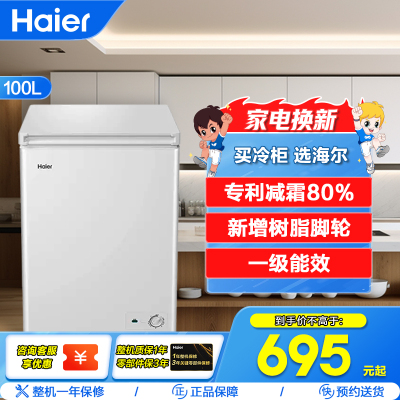 海尔(Haier)100升 家用卧式冰柜 冷柜 小冰箱 减霜80% 一级能效 断电保护 带脚轮BC/BD-100GHDT