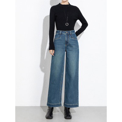 年冬季新款高腰牛仔植绒阔腿裤加绒加厚直筒九分裤