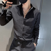 花花公子黑色衬衫男士长袖修身寸衫夏季新款百搭休闲印花衬衣男装