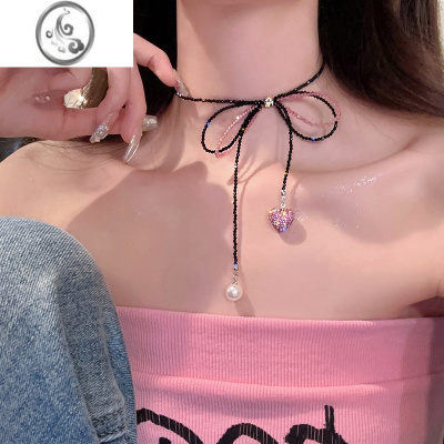 JiMi辣妹超爱~系带蝴蝶结爱心珍珠项链女小众设计感高级感串珠锁骨链