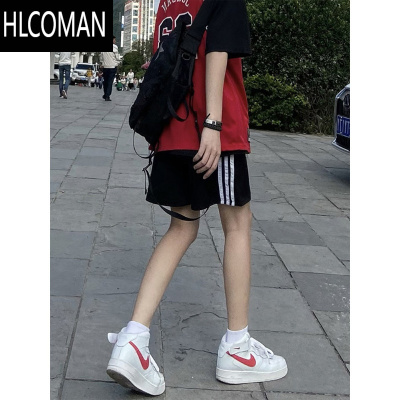 HLCOMAN夏季男士外穿短裤三条杠五分裤宽松大码休闲潮流运动条纹沙滩裤子