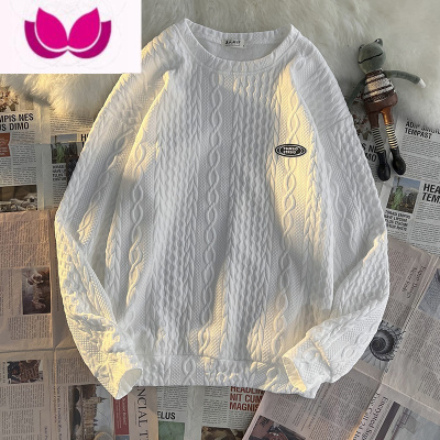 七斓华夫格编织提花设计卫衣男新款宽松休闲长袖圆领套头上衣服