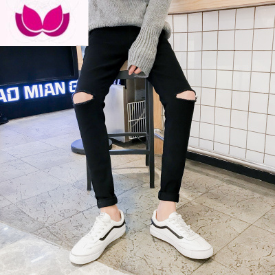 七斓春季款黑色牛仔裤膝盖一字破洞裤男士潮流韩版修身乞丐小脚长裤子