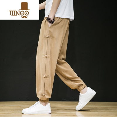 YANXU中国风亚麻男裤子棉麻束脚哈伦裤潮流男士宽松直筒休闲长裤