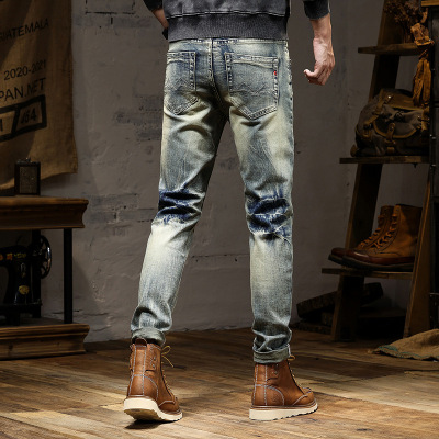 日系复古潮牌破洞牛仔裤男四季款青年流行百搭修身弹力显瘦直筒裤